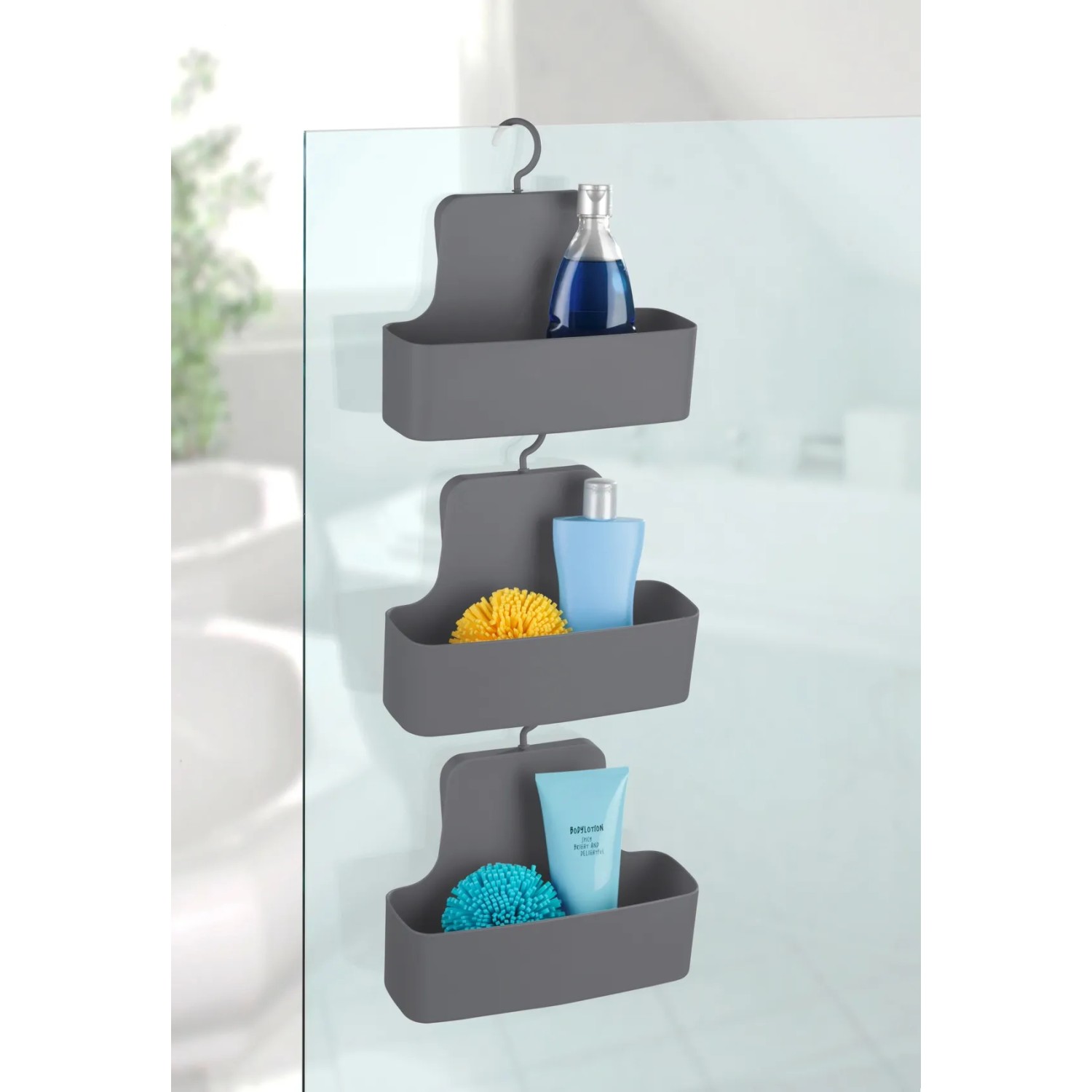 Wenko Duschcaddy Barcelona, anthrazitfarbener Hängekorb mit drei Ablagen für Dusche und Bad.