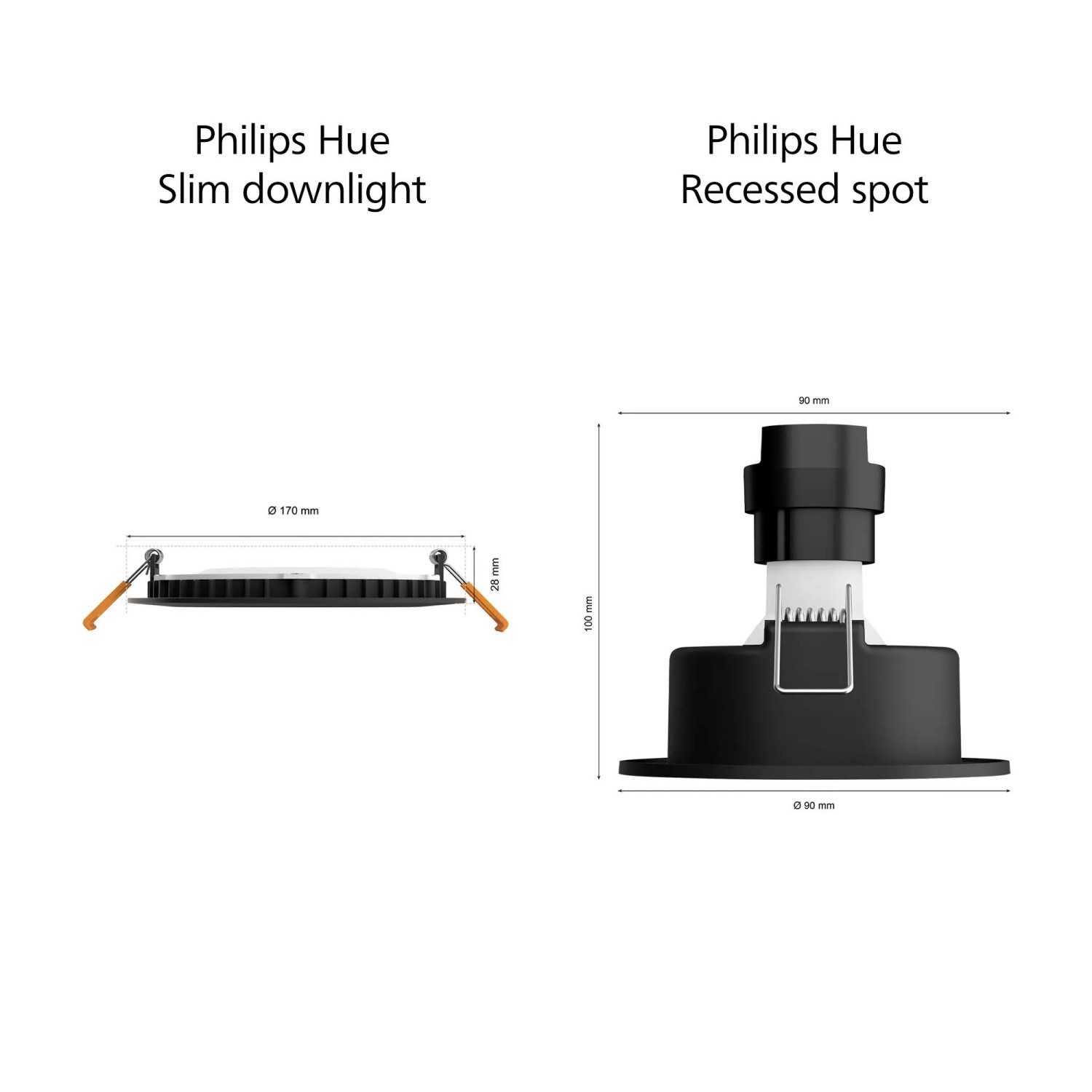 Abbildung von Maßen des schwarzen Philips Hue Smart Einbauspots Slim White & Color Ambiance 17 cm.