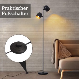 NETTLIFE Stehlampe schwarz-gold mit 2 flexiblen Spots, E14. Praktischer Fußschalter für Retro-Industrie-Innenleuchte.