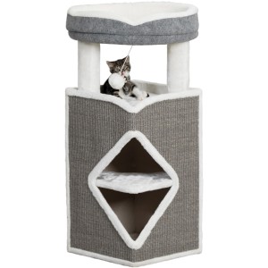 Trixie Kratzbaum Cat Tower Arma, 98 cm, grau/blau/grau mit Katze beim Spielen.