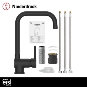 Eisl Spültischarmatur Niederdruck Futura, schwarz matt, mit Zubehör für die Küchenspüle.