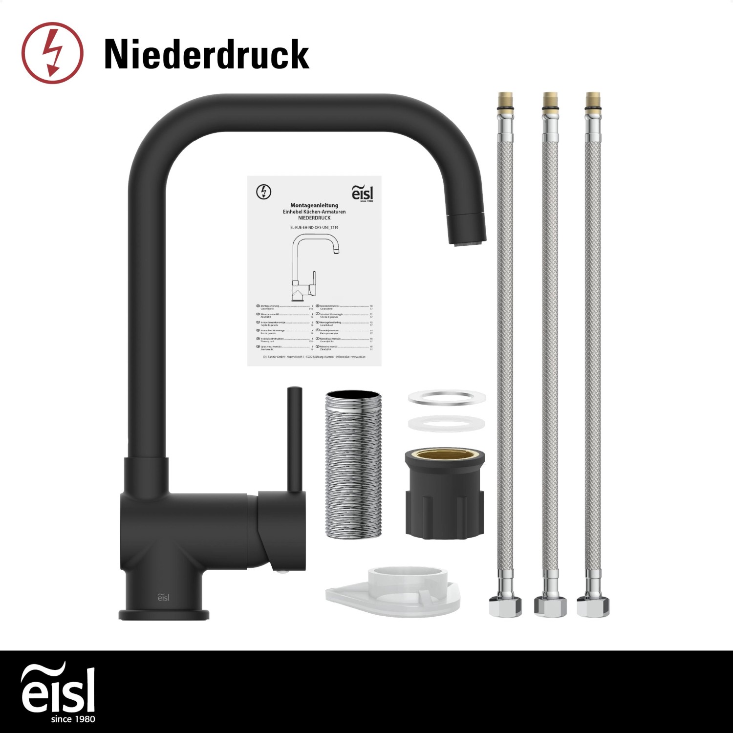 Eisl Spültischarmatur Niederdruck Futura, schwarz matt, mit Zubehör für die Küchenspüle.