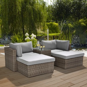 5-teiliges Lounge-Set Olea aus Polyrattan in Sand mit grauen Kissen für den Garten.