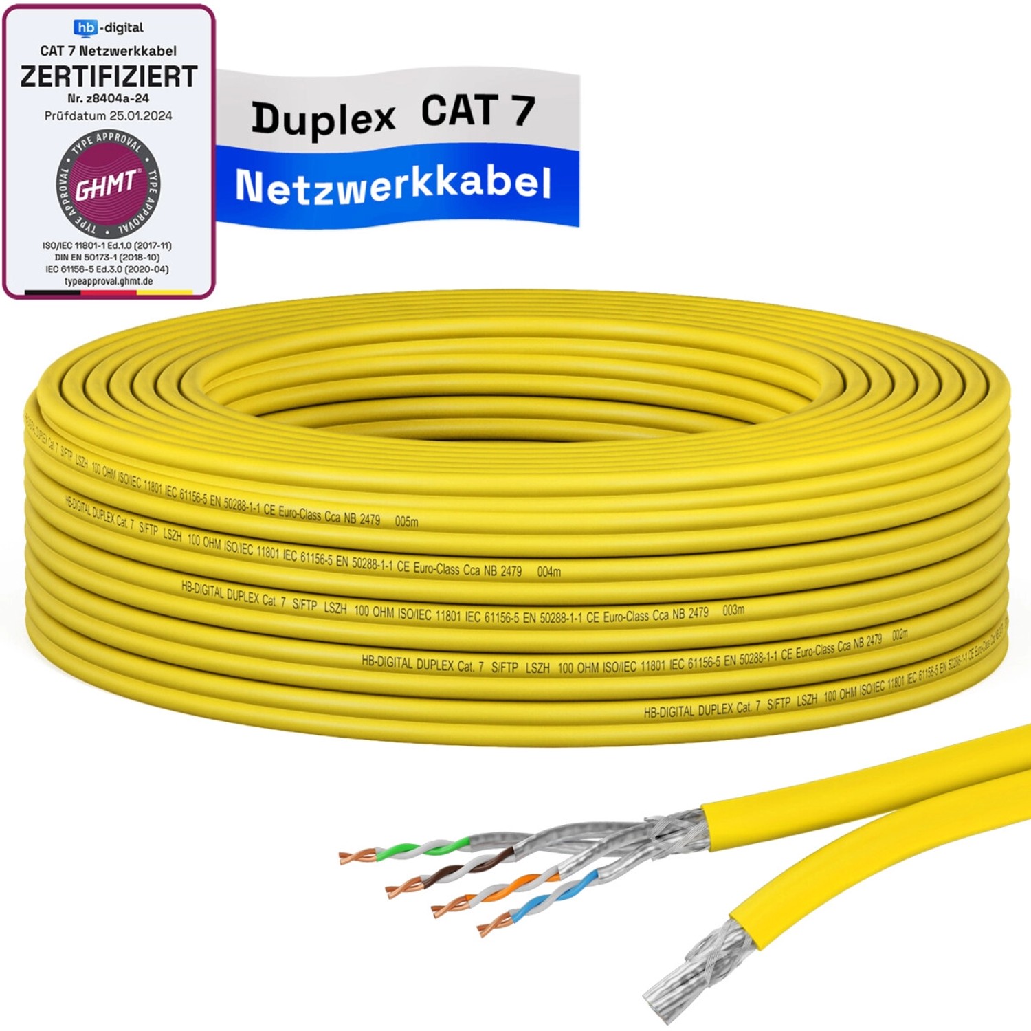 hb-digital CAT 7 Kabel Duplex Ethernetkabel LSZH max. 1000 MHz S/FTP AWG23 15m gelb