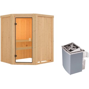 Woodfeeling Sauna Faurin mit Ofen und Glastür, Massivholz-Ecksauna für Zuhause.