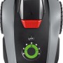 LUX-TOOLS Mähroboter Oryx 300 Vision, Aufsicht. Rasenroboter mit rotem Stoppknopf und grünem Einstellrad.