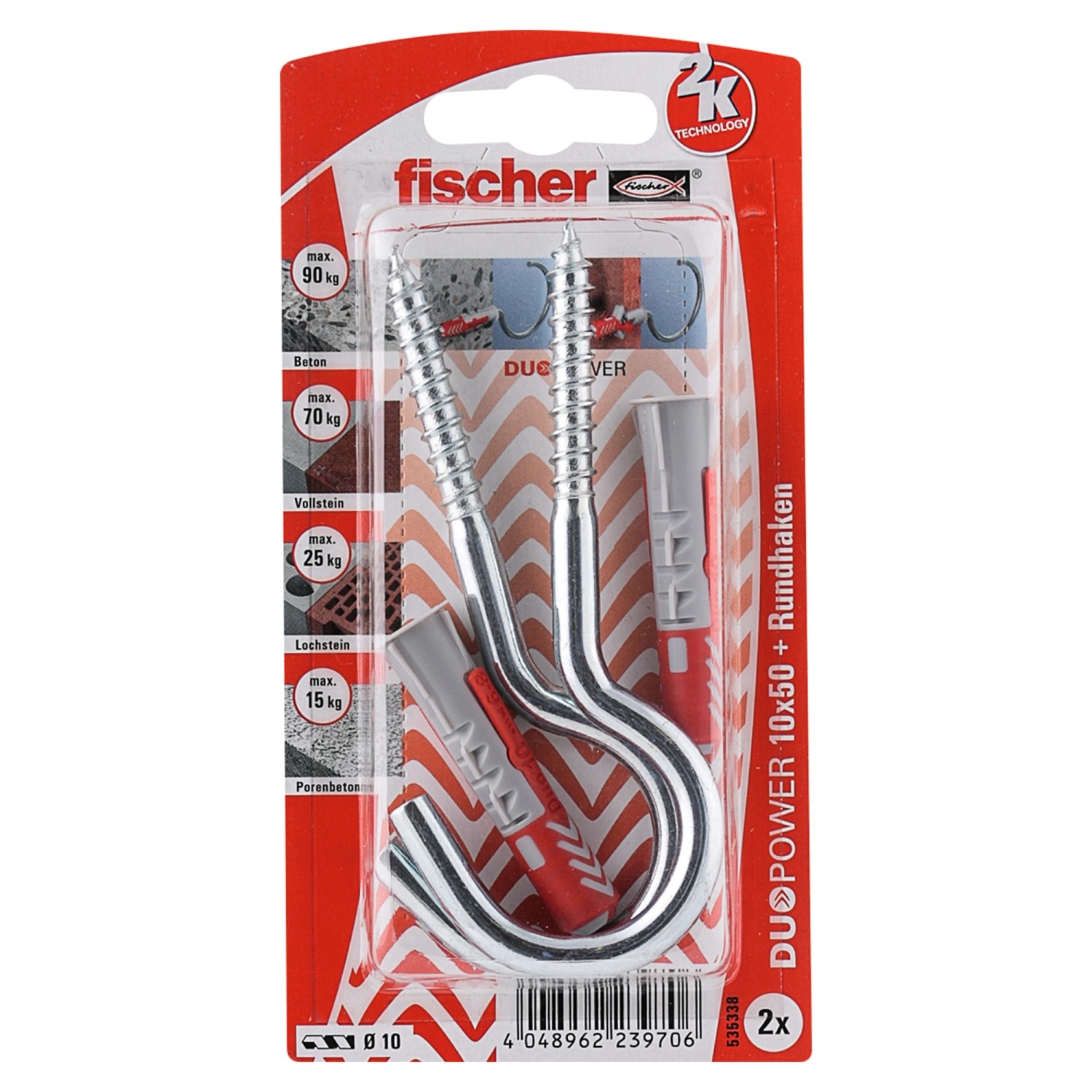 Fischer Dübel DuoPower Ø 10 mm x 50 mm RH G K 2 Stück mit großem Rundhaken