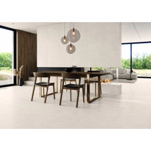 Creme Feinsteinzeug Bodenfliese matt, 59,8x59,8 cm, in Beton-Optik im modernen Wohnraum mit Esstisch.