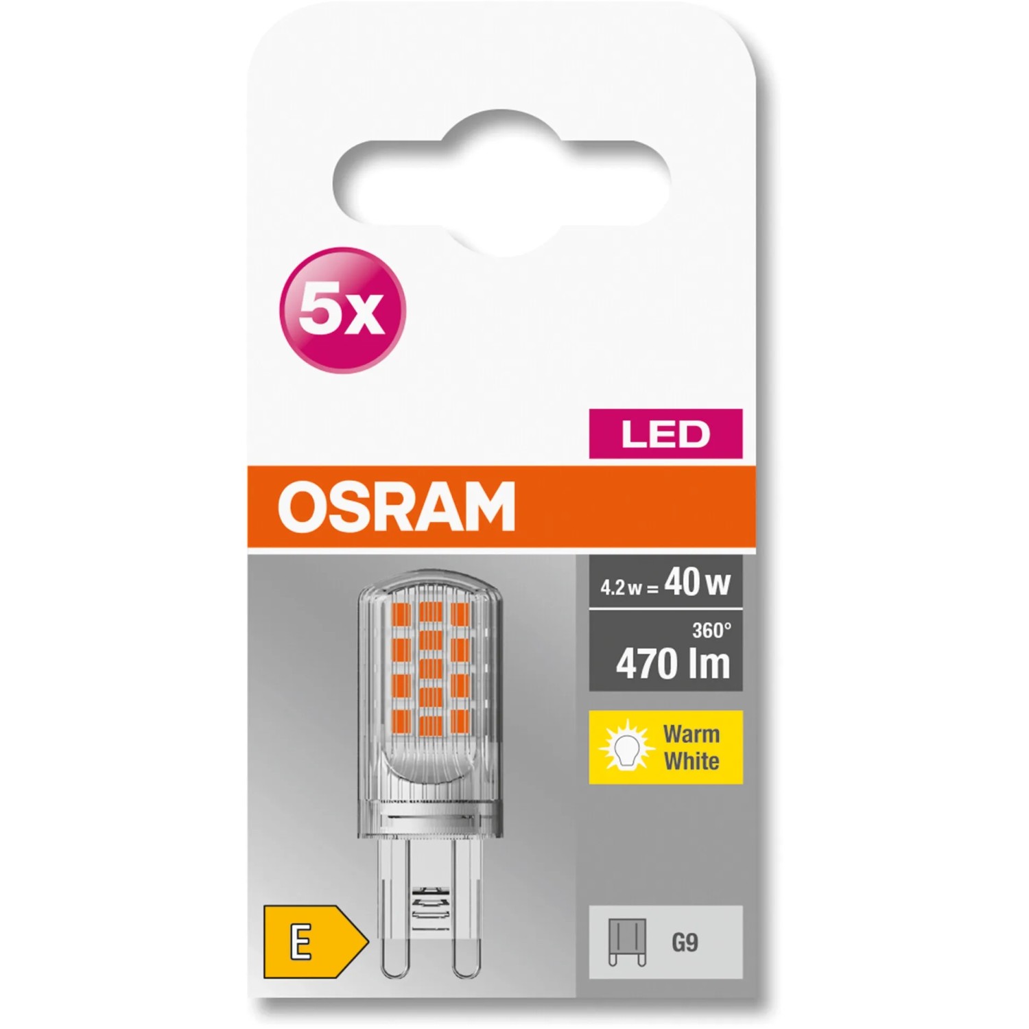 Osram G9 LED Leuchtmittel, 4,2W, warmweiß, 5er-Pack. Kompakte Stiftform für vielfältige Anwendungen.