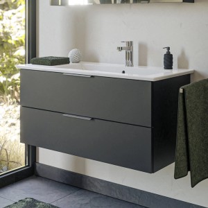 Steinkamp Waschtisch mit Villeroy&Boch Venticello, schwarz matt, Becken rechts.