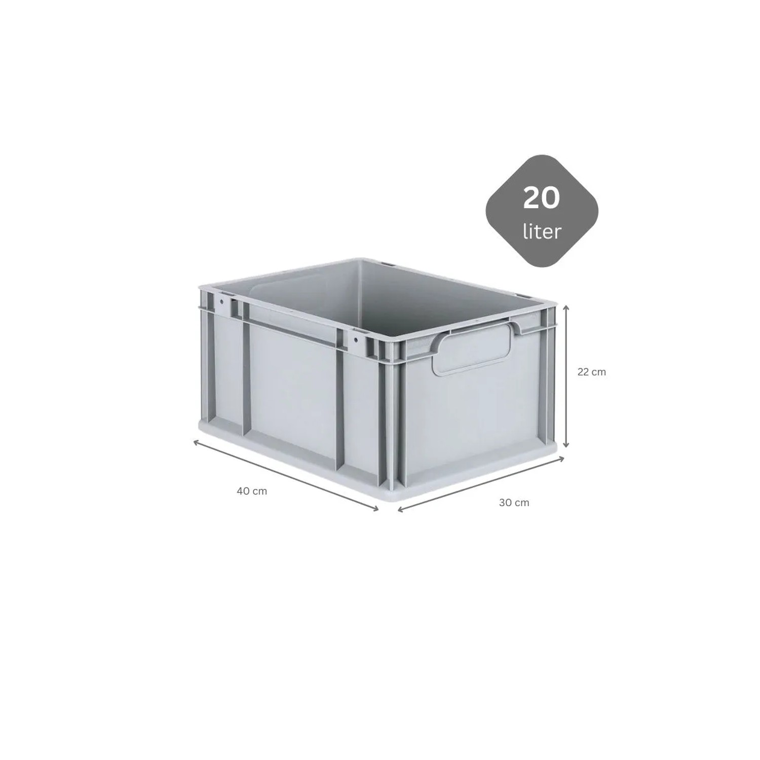 Graue PROREGAL Eurobox Nextgen Economy, 20 Liter, mit Griffen und Scharnierdeckel. Ideal zur Aufbewahrung.