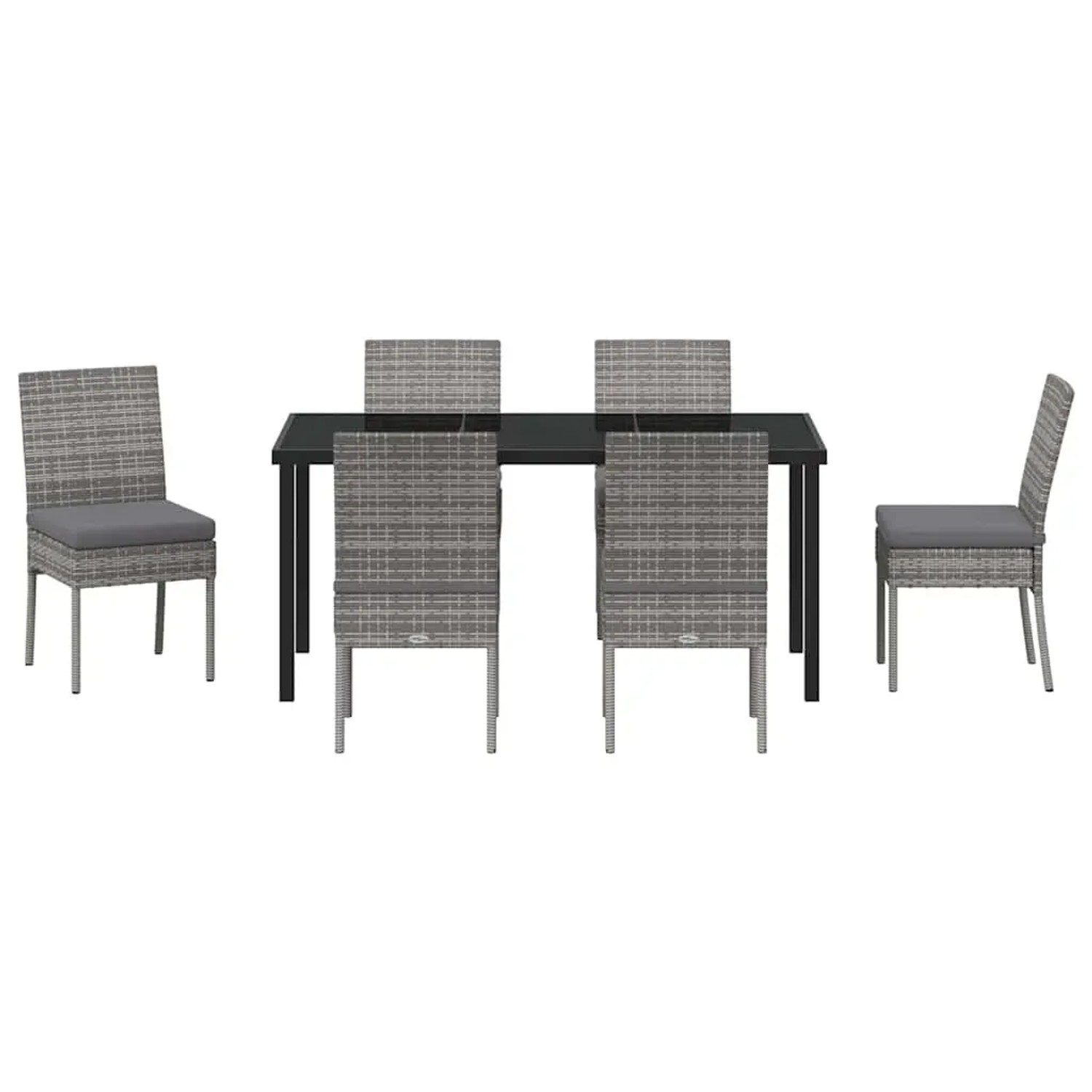 Graue 7-teilige vidaXL Garten Essgruppe aus Polyrattan mit Tisch und Stühlen.