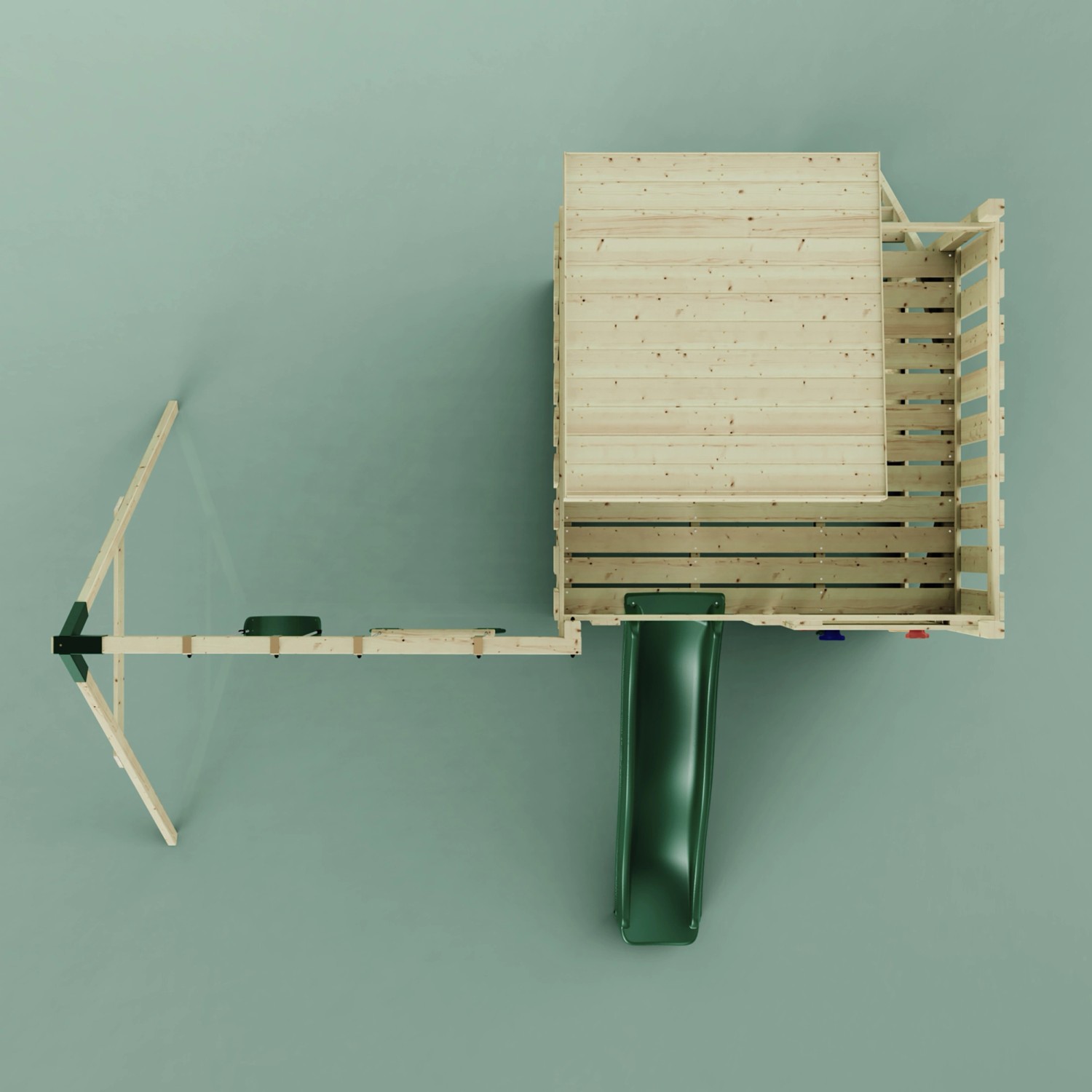 PolarPlay Spielturm Björn mit Rutsche und Trapezstange, Holz natur, dunkelgrüne Akzente.