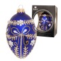 Blaues Glas-Ei Baumschmuck mit goldenem Schleifendesign, weißen Perlen, 10cm. Weihnachtsbaum-Deko.