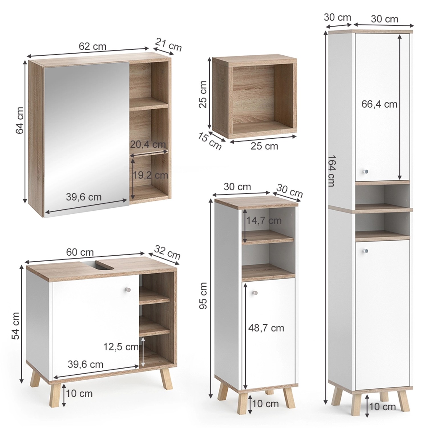 Vicco Badmöbel-Set Senyo, 5-teilig, Weiß/Sonoma mit Maßen der einzelnen Möbelstücke.