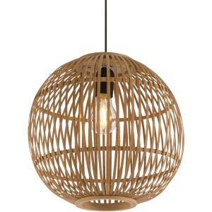 Pendelleuchte Hildegard aus Bambus, naturfarben, mit schwarzem Textilkabel. Runde Form.