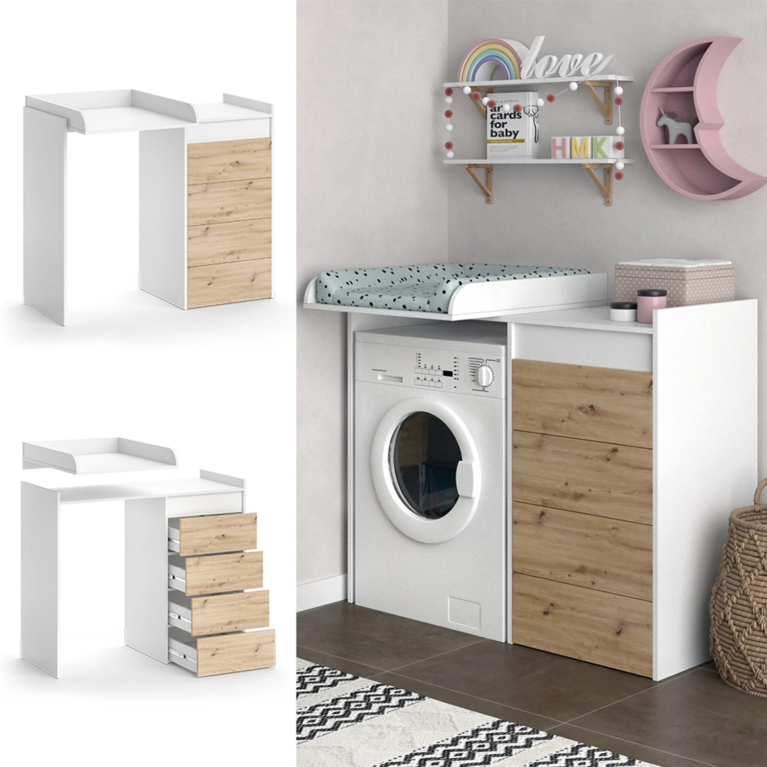 Vicco Waschmaschinenschrank Alf, weiß/Eiche, 116x98 cm, mit 4 Schubladen. Badregal für mehr Stauraum.