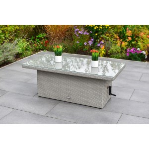 Rechteckiger Merxx Gartentisch Chicago, 60x46 cm, mit Glasplatte und grauem Rattan-Look.