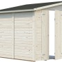Unbehandeltes Palmako Holz-Gartenhaus Mia mit Pultdach, 222x165 cm. Naturholz mit geöffneter Doppeltür.