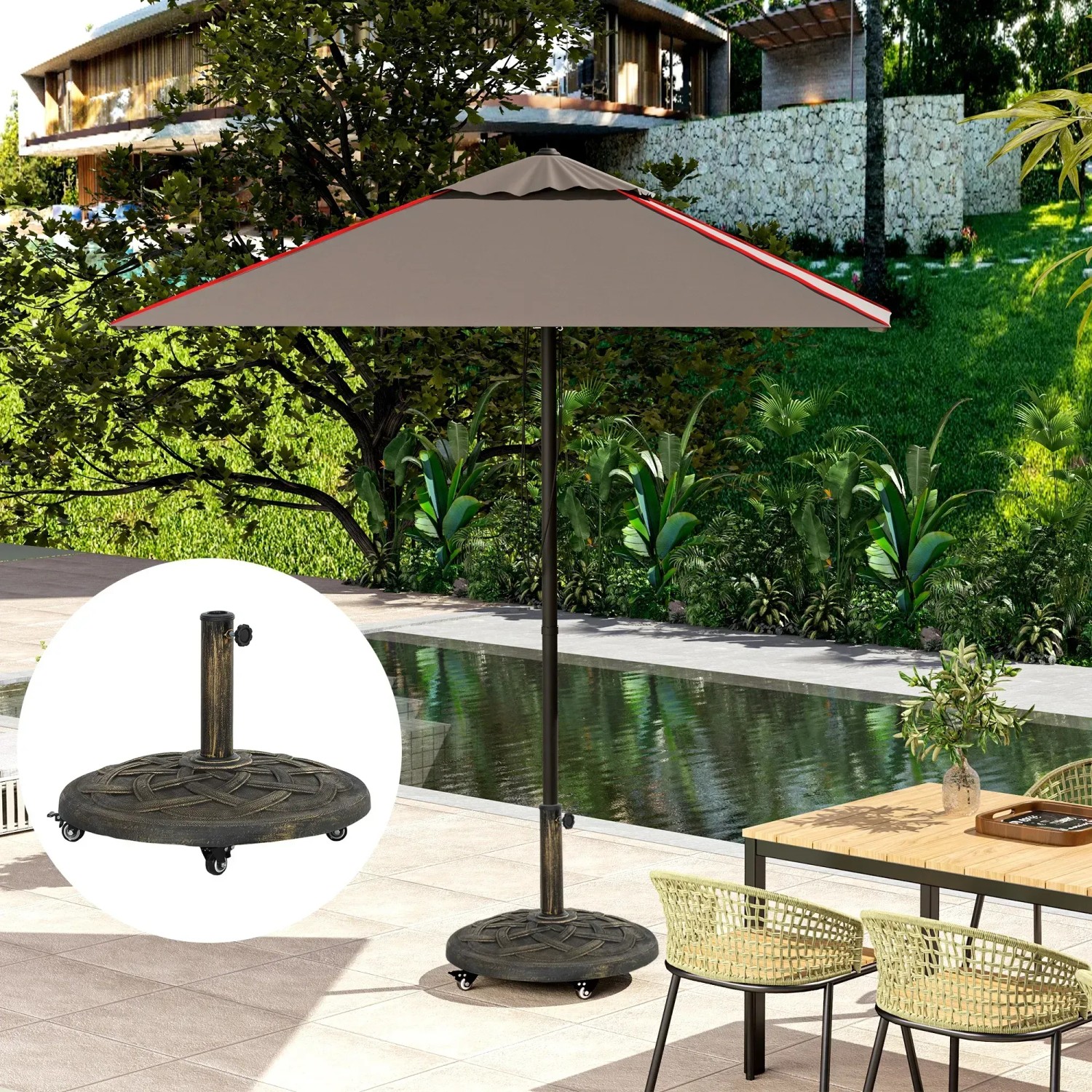 Outsunny Sonnenschirmständer in Bronze mit Rollen, Ø54,5cm, für Garten und Terrasse.