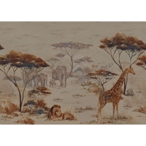 Fototapete African Queen III mit Savannenmotiv in Braun- und Beigetönen: Giraffe, Löwe, Elefanten.