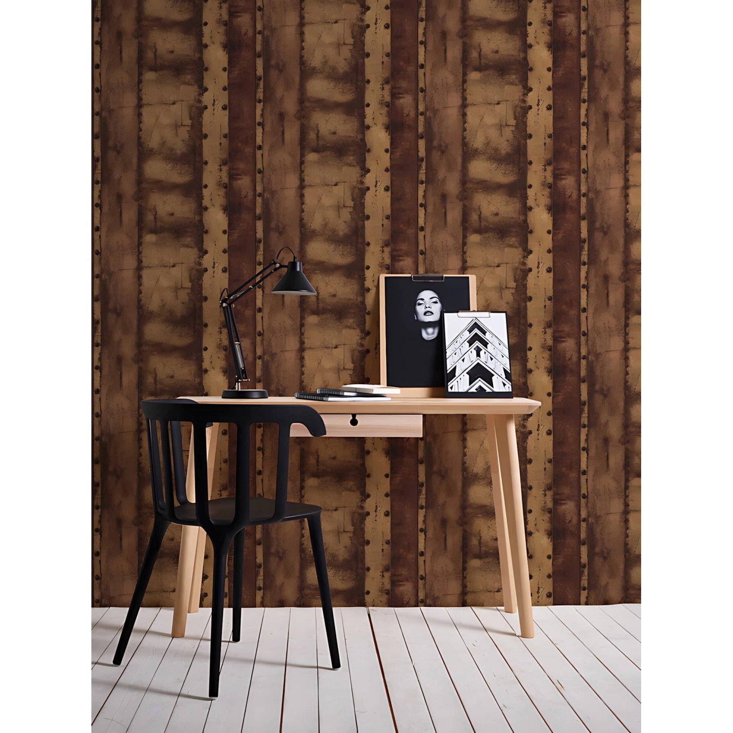 PROFHOME Vliestapete im Used Look in Braun und Orange hinter einem Schreibtisch.