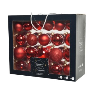 Rotes 42-teiliges Weihnachtskugel-Set aus Glas mit glänzenden, matten und glitzernden Kugeln in Box.