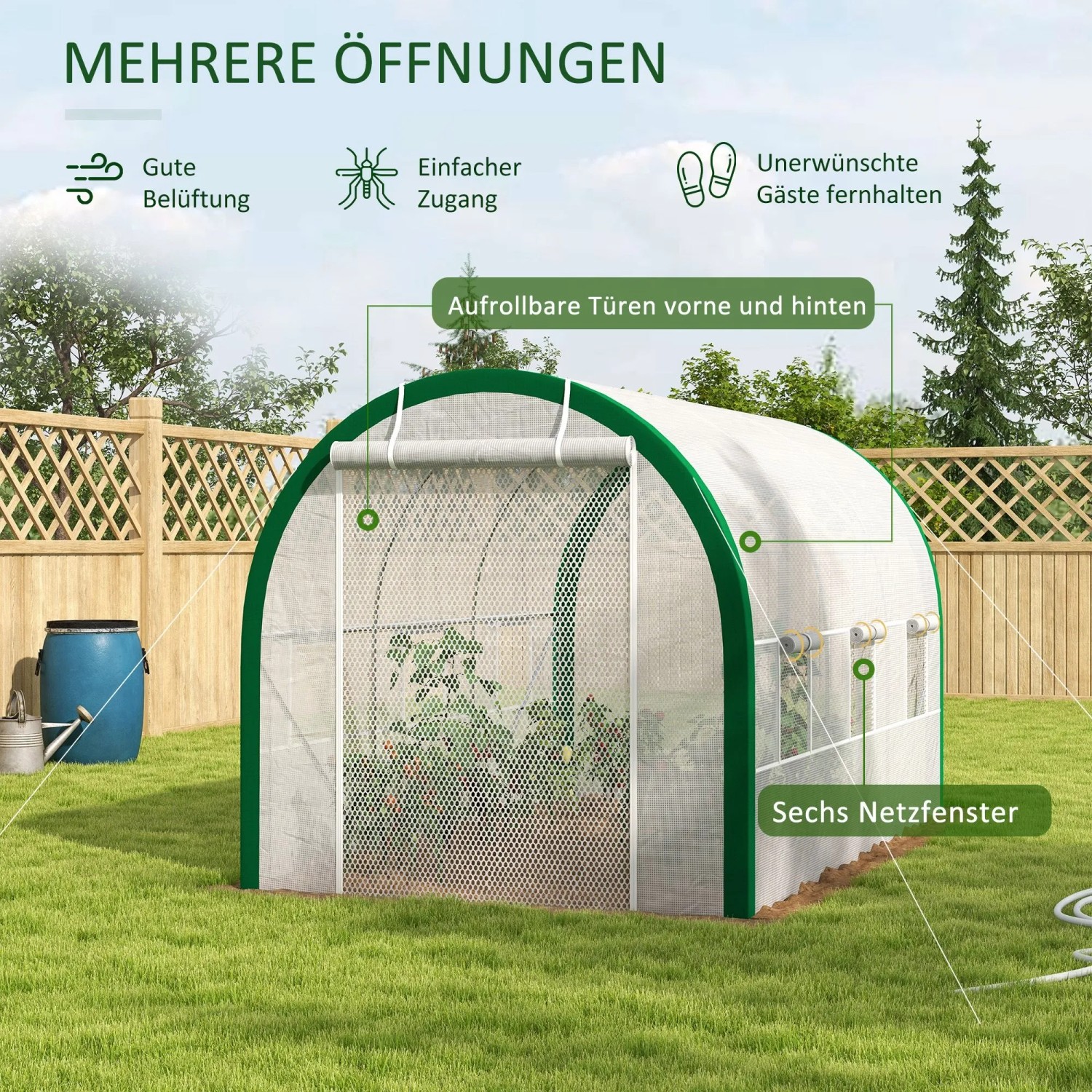 Weißes Furnicato Tunnel-Gewächshaus (358x210x210cm) mit Reißverschlusstüren und Netzfenstern im Garten.