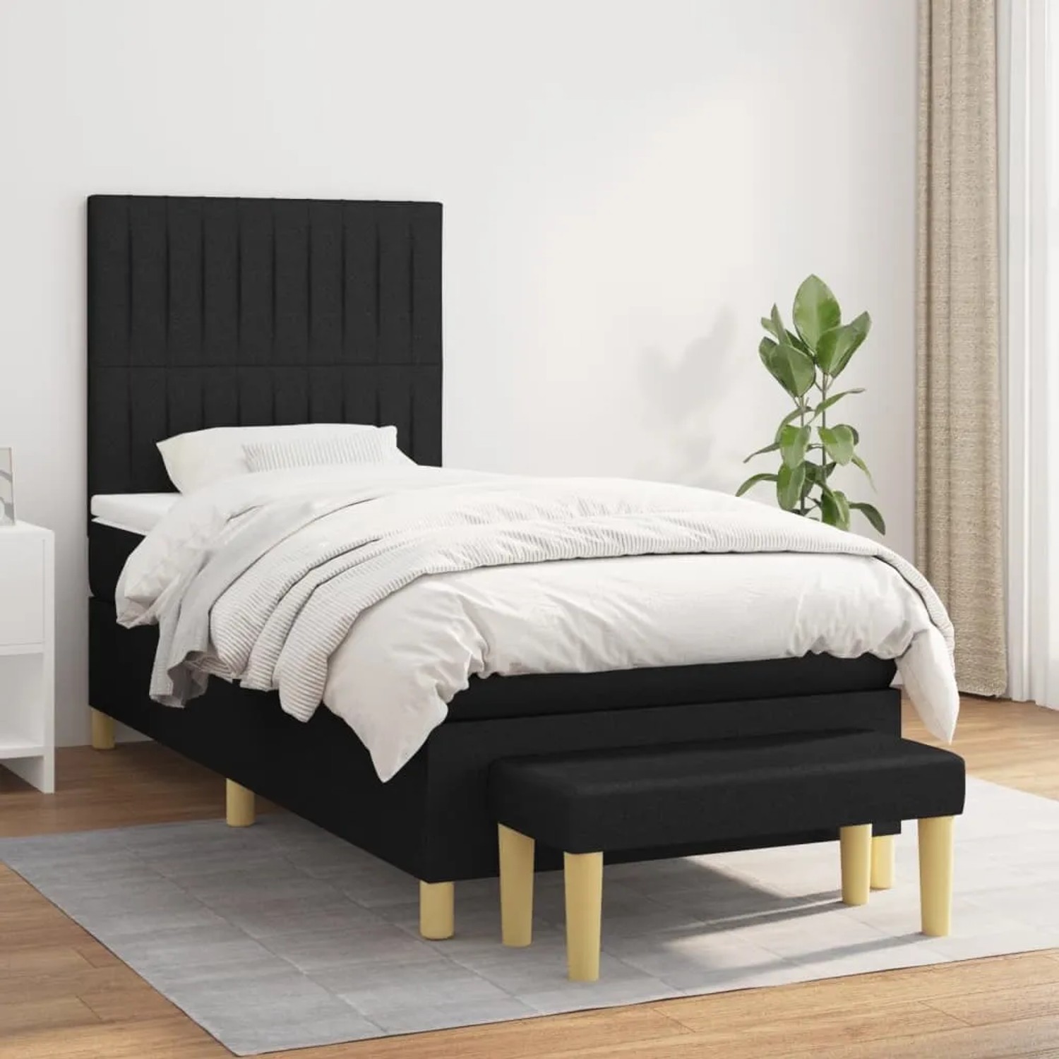 Schwarzes vidaXL Boxspringbett (90x200 cm) mit Matratze und Bank. Stoffbezug.