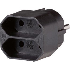 Schwarzer Euro-Übergangsstecker 2-fach für zwei Stecker in einer Steckdose.