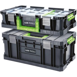 LUX-TOOLS Werkzeugbox, dunkelgrau-grün, gestapelt. Werkzeugkoffer aus robustem Kunststoff mit Metallverschlüssen.