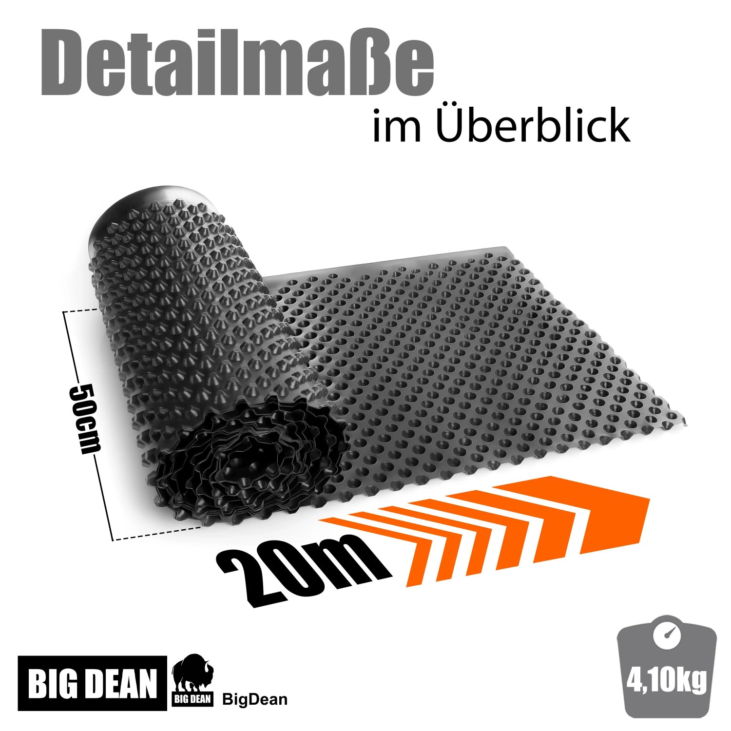 BigDean Premium Noppenfolie, 50cm breit, 20m lang, schwarz. Nässeschutz für Hochbeete und Mauern, reißfest.