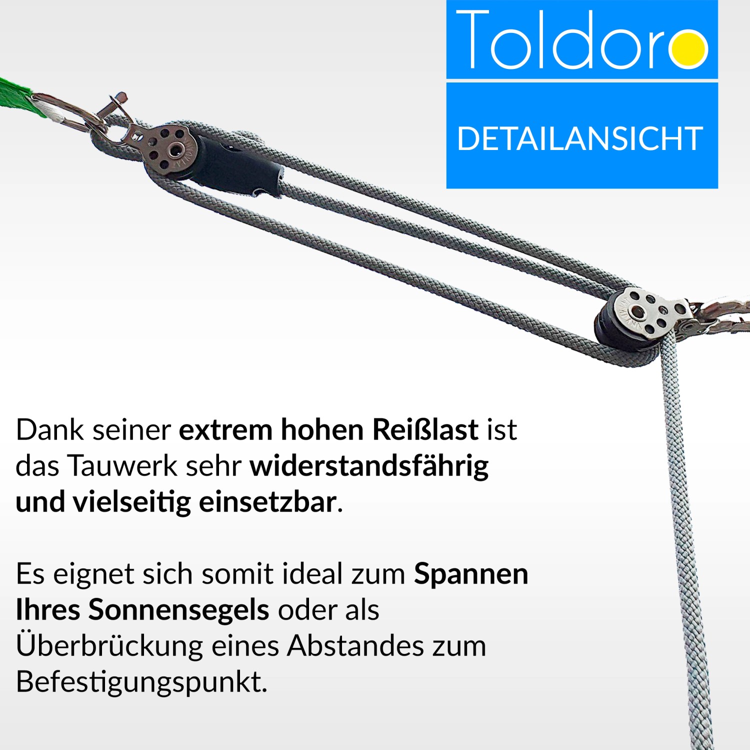 Graues Toldoro Tauwerk (6mm, 5m) mit Seilklemmen zur Sonnensegel-Befestigung.