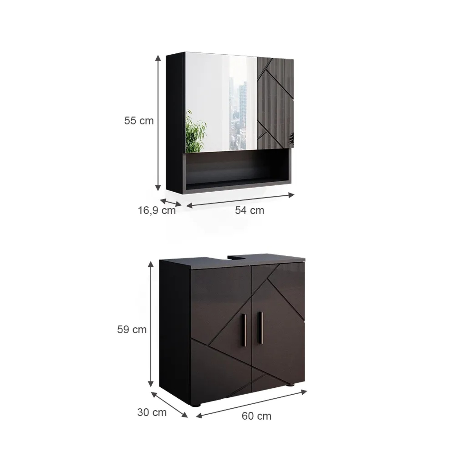 Vicco Badmöbel-Set Irma, anthrazit hochglanz, 2-teilig: Unterschrank (60 cm) und Spiegelschrank.
