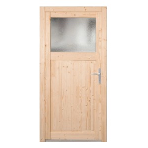 Panto Nebeneingangstür NET 501 aus Naturholz mit Ornamentglas und silberner Türklinke.