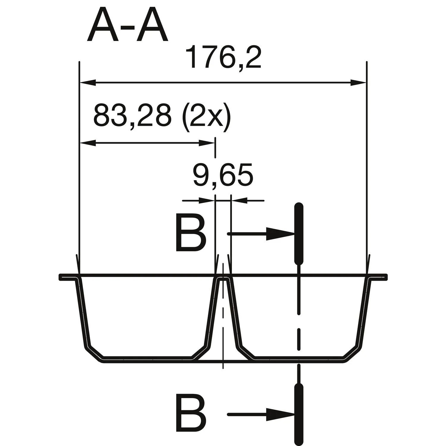 Technisches Maßbild des Agoform Besteckeinsatz Classico. Zeigt Querschnitt und Maße für die Anpassung in Schubladen.