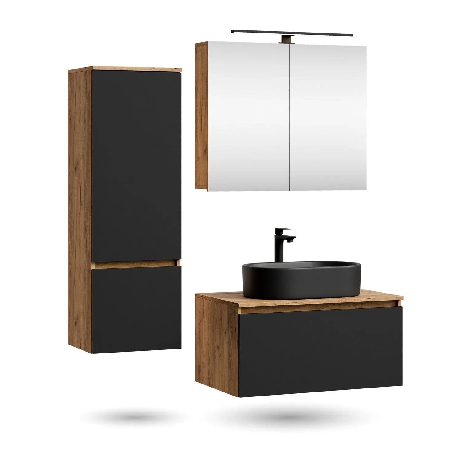 Planetmöbel ARISA Badmöbel Set 80 cm Schwarz mit Hochschrank Spiegelschrank ARIA und Aufsatzwaschbecken Schwarz 55 cm