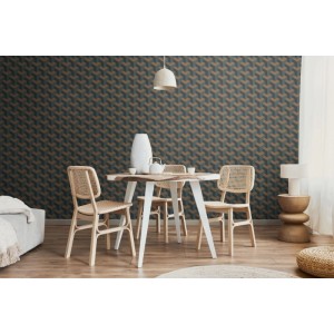 Moderne Tadessi Vliestapete mit grafischem 3D-Würfelmuster in Dunkelblau und Braun, im Esszimmer.