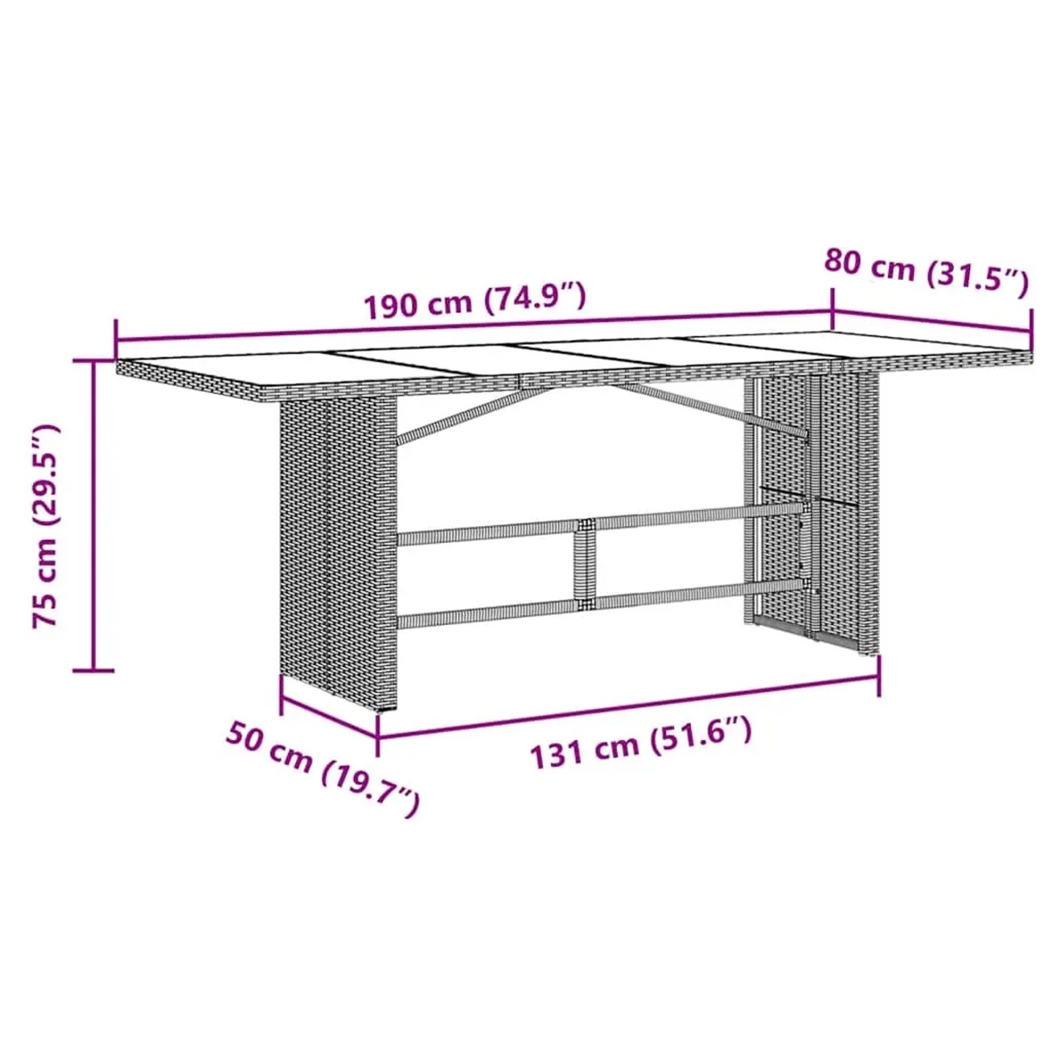 Detailansicht Gartentisch des 9-tlg. vidaXL Garten-Bistro-Sets aus braunem Poly Rattan mit Maßangaben.