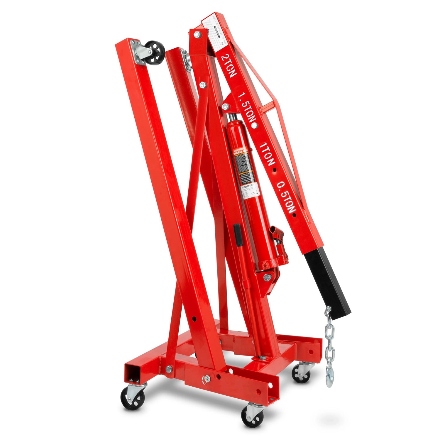 Zusammengeklappter, roter EBERTH Motorkran mit 2000kg Tragkraft und verstellbarem Ausleger.