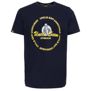 Dunkelblaues Uncle Sam Halbarm-T-Shirt mit gelbem Workwear Logo-Frontprint.