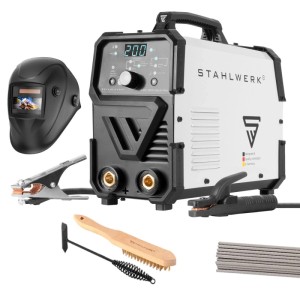 STAHLWERK ARC 200 Puls Pro Elektroden-Schweißgerät mit Schweißhelm und Zubehör.