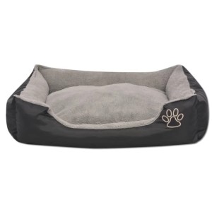 Schwarzes vidaXL Hundebett Größe M mit gepolstertem Kissen und Pfoten-Motiv.