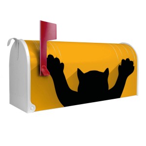 Amerikanischer Briefkasten in Weiß mit Katzenmotiv. US Mailbox mit roter Fahne.
