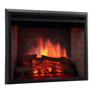 Kaminio Elektrokamin Luca mit 3D-Flammeneffekt und Heizung, Einbaukamin mit Backsteinwand-Optik.