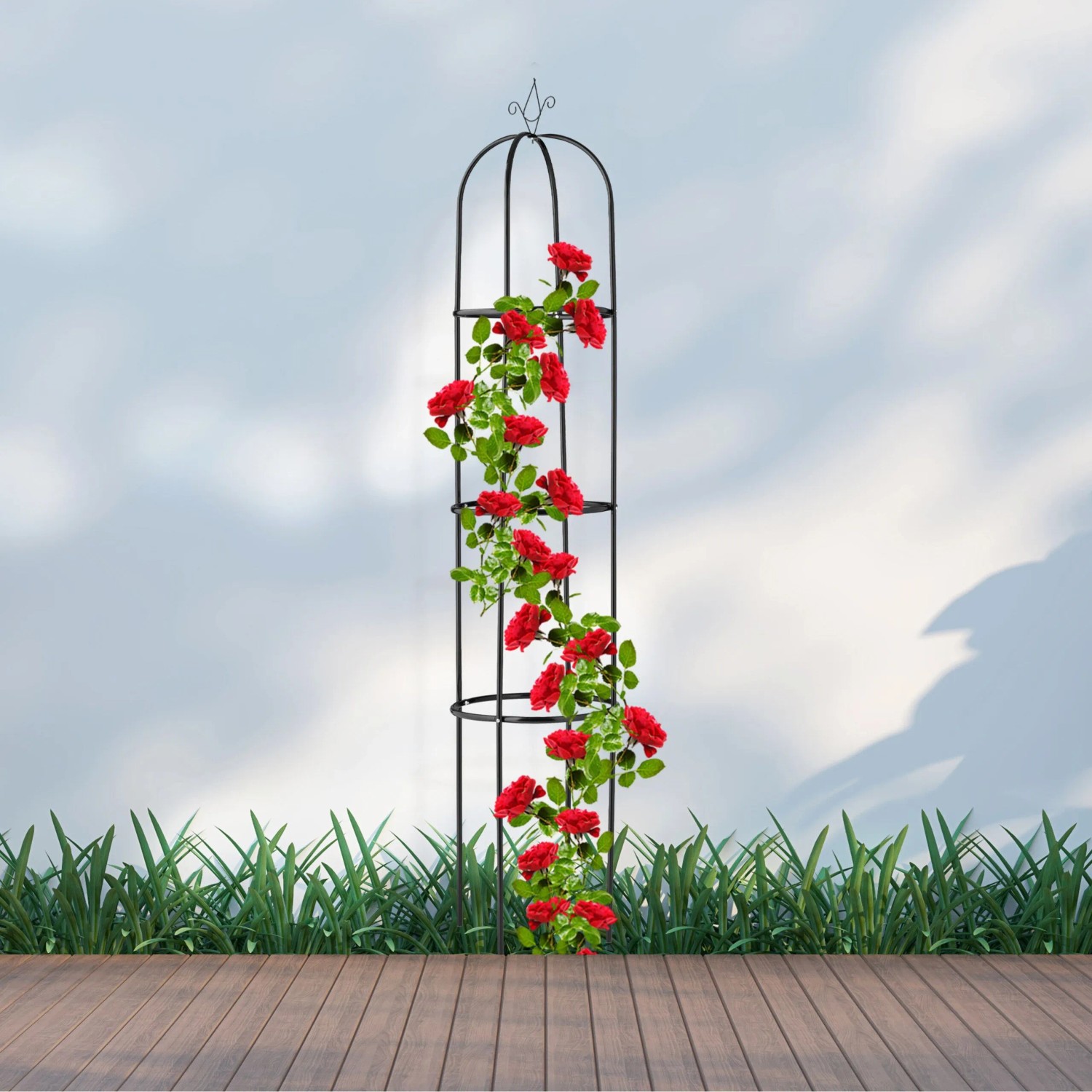 Schwarzer Relaxdays Rankobelisk aus Stahl mit Kletterrosen, 190 cm hoch, für Garten und Balkon.