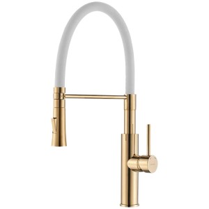 Goldene Küchenarmatur KOLMAN mit weißem, flexiblem U-Auslauf. Moderner Einhebelmischer.