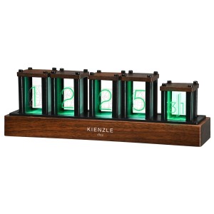 Kienzle LED-Nixie-Uhr in Braun mit grüner Ziffernbeleuchtung. Moderne Tischuhr mit Retro-Design.