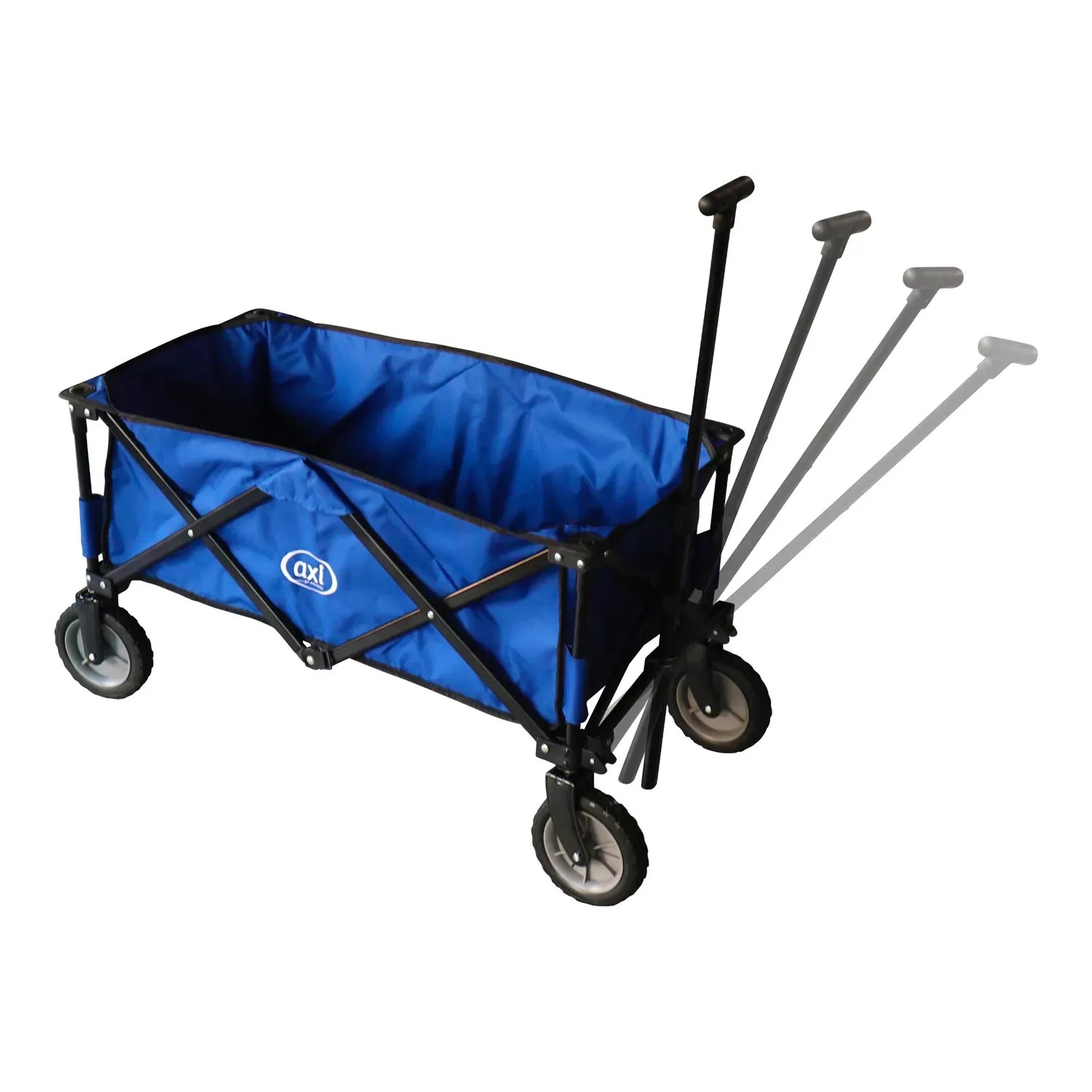 Blauer, faltbarer Axi Bollerwagen AB110 mit verstellbarem Griff und Rädern.