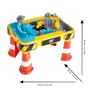 Gelber Klein Sand- und Wasserspieltisch Cat mit Bagger, Kipper und Zubehör.